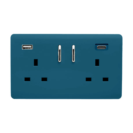Ocean blue 2 gang double 13A socket with screwless plate, chrome rocker switches, and integrated USB-A/USB-C charging ports, shown on a white background.