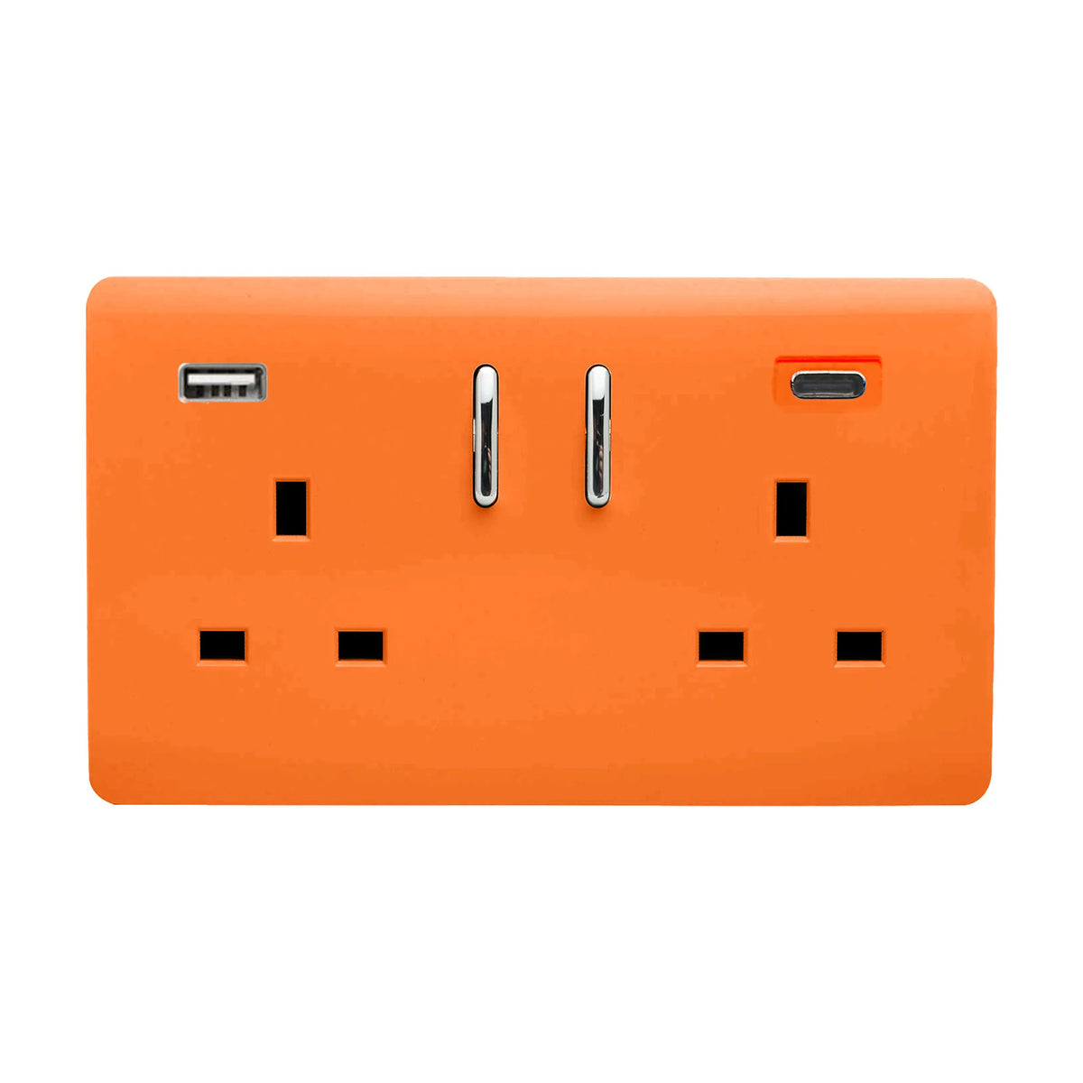 Two gang 13A switched socket in orange with chrome rockers, featuring a USB-A and USB-C port between the outlets, screwless plate, shown on a white background.