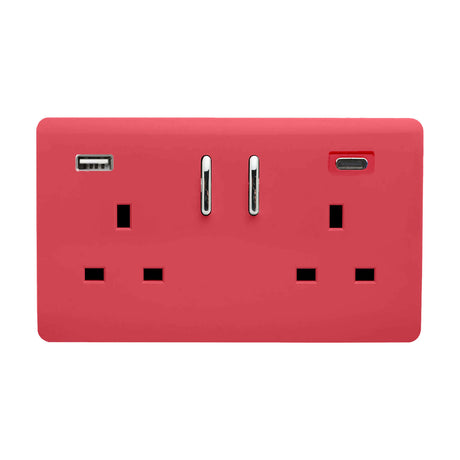 Strawberry red 2 gang double 13A screwless socket with chrome rockers, USB-A and USB-C charging ports, on a plain white background.