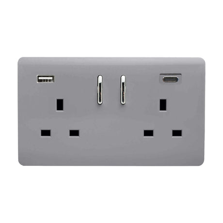 Platinum silver 2 gang double 13A socket with screwless plate, USB-A port on the left, USB-C port on the right, and two chrome rocker switches, shown on a plain white background.