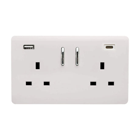 2 Gang Double 13A USB-A/C socket in Ice White, screwless plate with chrome rocker switches and USB-A and USB-C charging ports, shown on a plain white background.