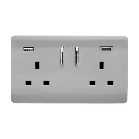 2 Gang Double 13A USB-A/C socket in brushed steel with screwless plate, chrome rocker switches, and USB-A and USB-C ports, shown on a plain white background.