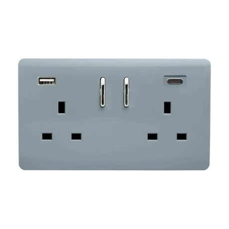 Cool grey 2 gang double 13A switched socket with chrome rockers and integrated USB-A and USB-C charging ports, screwless plate on a white background.