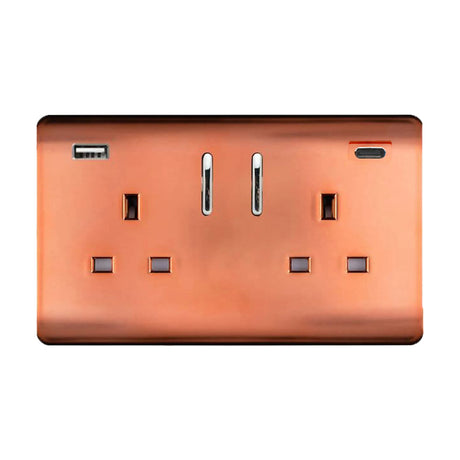 Copper 2 gang double 13A screwless socket with USB-A and USB-C ports, chrome rocker switches, on a plain white background.