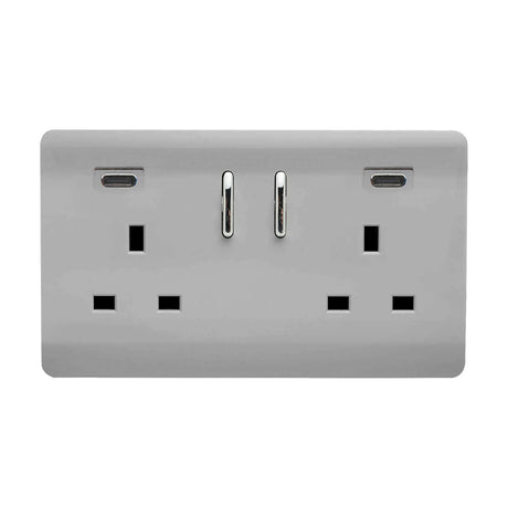 Brushed steel screwless double 13A socket with two USB-C ports and chrome rocker switches, shown on a plain white background.
