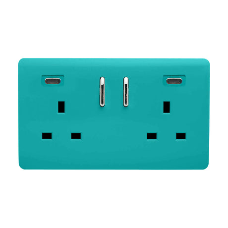 2 Gang Double 13A USB-C Socket in Bright Teal with chrome rockers and two USB-C ports for 45W charging, screwless flat plate, shown on a white background.