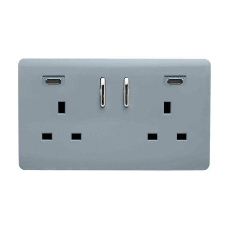 Cool grey 2 gang double 13A switched socket with screwless flat plate, chrome rocker switches, and two USB-C charging ports sharing 45W, shown on a plain white background.