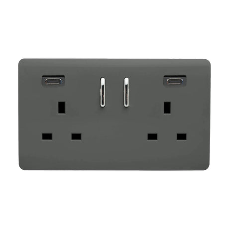 Screwless 2 gang double 13A socket in charcoal with two USB-C ports and chrome rocker switches, shown on a plain white background.