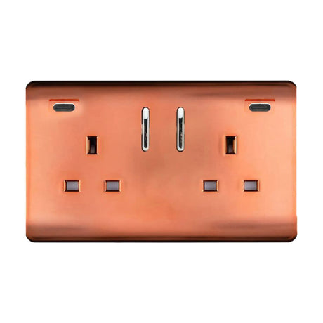 Copper double 13A socket with two USB-C ports, chrome rockers, screwless plate, shown on a plain white background.