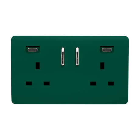 Dark green 2 gang double 13A socket with chrome switches and two USB-C ports, screwless plate on a plain white background.
