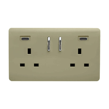 Double 13A socket with two USB-C ports in champagne gold, flat screwless plate with chrome switch rockers, shown on a plain white background.