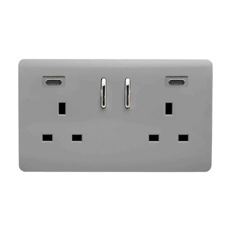 2 Gang double 13A USB-C socket in light grey, screwless plate with chrome rockers and two USB-C ports, shown on a plain white background.