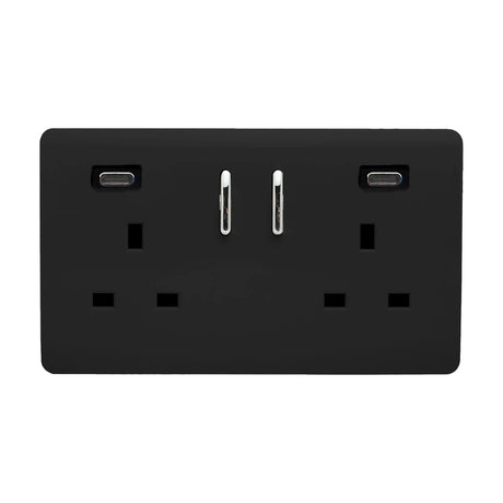 2 Gang Double 13A USB-C Socket in matt black with screwless plate, two chrome rocker switches, and USB-C ports, shown on a white background.