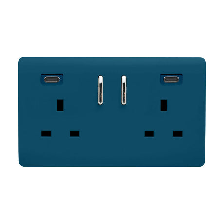 Screwless 2 gang double 13A socket in midnight blue with chrome rockers and two USB-C charging ports sharing a 45W supply, shown on a white background.