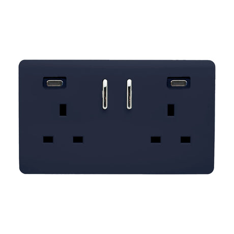 Screwless double 13A socket in navy blue with chrome rockers and two USB-C ports (45W shared), shown on a plain white background.
