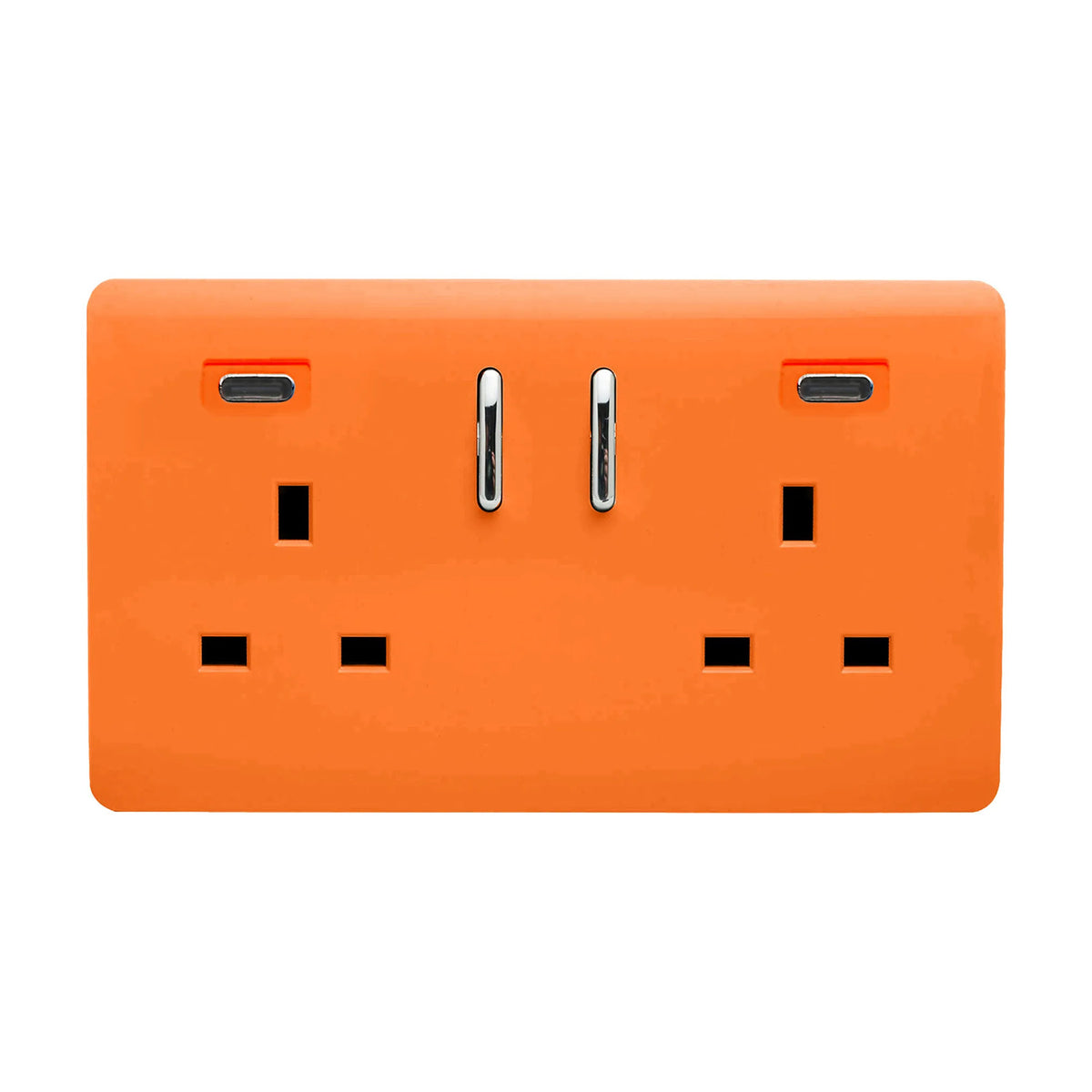 Orange screwless double 13A socket with two USB-C ports, chrome insert switches, and two chrome rocker switches, shown on a plain white background.