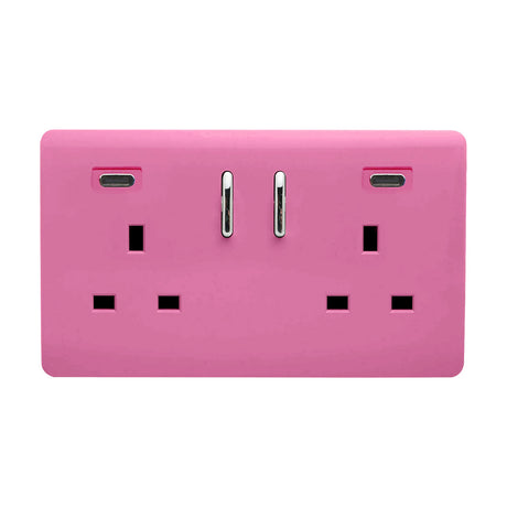Pink 2 gang 13A double socket with screwless flat plate, chrome switches and pin apertures, plus two USB-C ports, shown on a plain white background.