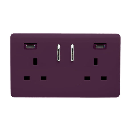 Screwless double 13A socket in plum with two chrome switches and two USB-C ports (45W), shown on a plain white background.