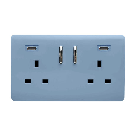 Sky blue screwless double 13A socket with two chrome rocker switches and USB-C ports at each end, shown on a plain white background.