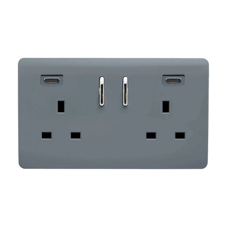 2 Gang Double 13A USB-C socket in warm grey with chrome rockers and chrome-trimmed USB-C ports, screwless flat plate, shown on a plain white background.
