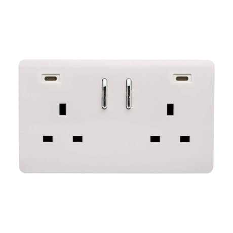 2 Gang Double 13A USB-C socket in ice white, screwless flat plate with chrome switches and rockers, two UK outlets and two USB-C ports, shown on a white background.