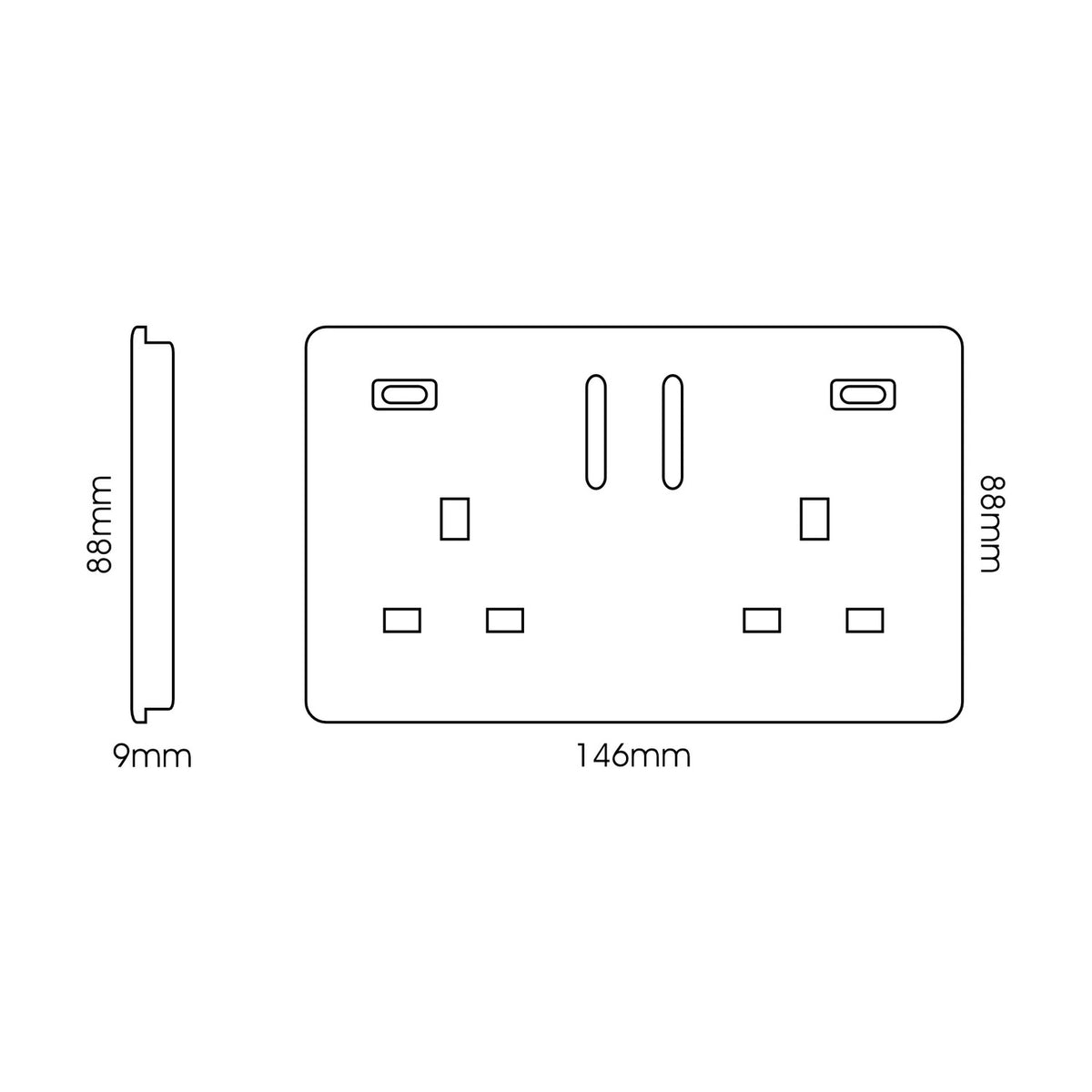 Line drawing of a screwless 2 gang double 13A socket with 24W USB-C charging ports, showing front and side profiles with 146mm x 88mm dimensions and 9mm depth.