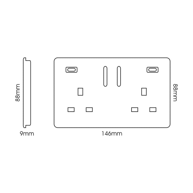 Front and side line diagrams of a 2 gang 13A double socket with 24W USB-C ports, screwless design, 146mm x 88mm x 9mm, shown with dimensions on a white background.