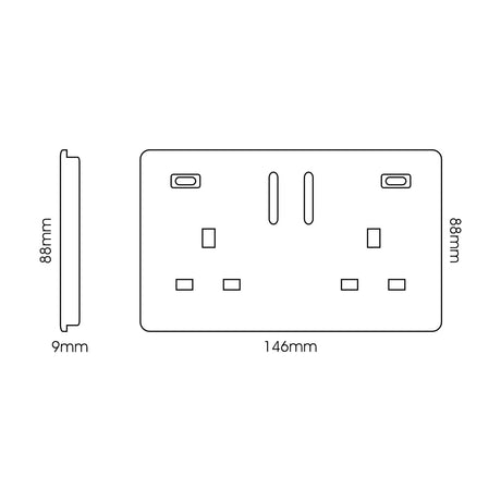 Line drawing of a 2 gang double 13A USB-C socket with screwless plate, showing two switches, two USB-C ports, and dimensions 146mm x 88mm x 9mm.