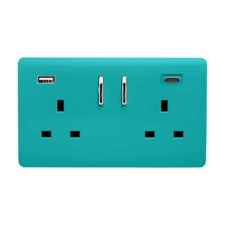 Bright teal 2 gang double 13A socket with screwless plate, chrome rockers, USB-A and USB-C ports (65W), on a plain white background.