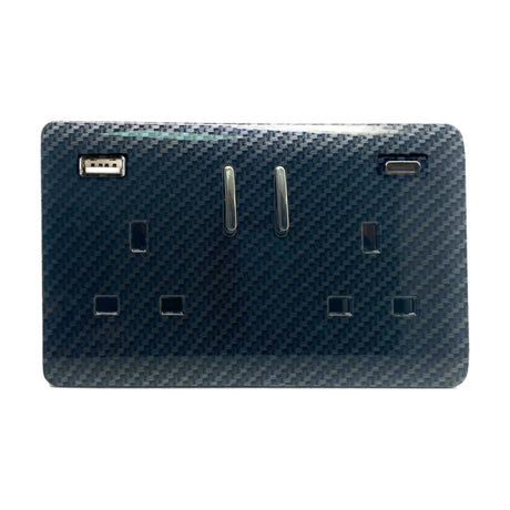 2 Gang Double 13A USB-A/C socket in dark carbon fibre finish with chrome rockers, USB-A and USB-C ports, and screwless plate, on a plain white background.