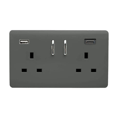 2 gang double 13A charcoal socket with switched outlets, chrome switches, a USB-A port and USB-C port, screwless plate, shown on a plain white background.