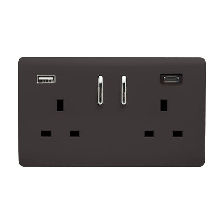 Dark brown screwless double 13A socket with chrome switches, plus USB-A and USB-C charging ports, shown on a white background.