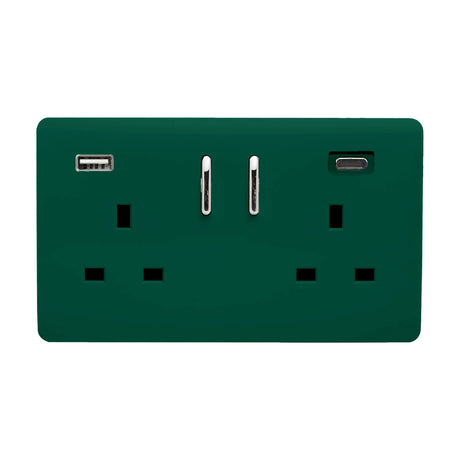Dark green 2 gang double 13A switched socket with screwless plate, chrome rockers, and integrated USB-A/USB-C ports, shown on a white background.