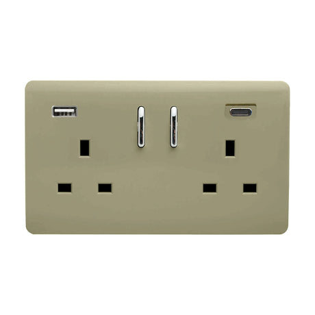 Champagne gold 2 gang double 13A socket with screwless plate, chrome rocker switches, USB-A and USB-C ports, shown on a plain white background.