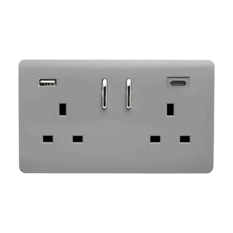 Light grey screwless double 13A socket with two chrome rocker switches, USB-A and USB-C charging ports, on a plain white background.