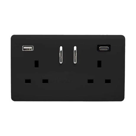 Matt black screwless double 13A socket with USB-A and USB-C ports, chrome rockers, on a plain white background.