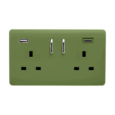 2 Gang Double 13A USB-A/C socket in moss green with a flat screwless plate, chrome rocker switches, and USB-A and USB-C ports, shown on a white background.
