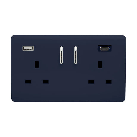 Navy blue screwless 2 gang double 13A socket with USB-A and USB-C ports, chrome switches, on a plain white background.