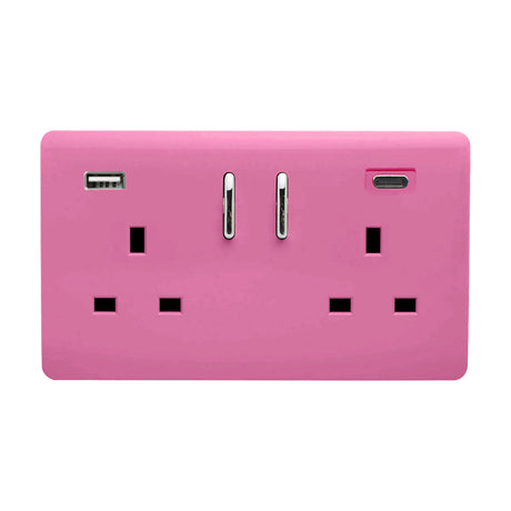 Pink 2 gang double 13A socket with screwless flat plate, chrome rocker switches, USB-A and USB-C ports, shown on a plain white background.