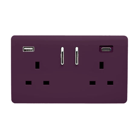 Screwless double 2 gang 13A socket in plum with chrome rocker switches, USB-A and USB-C ports, on a white background.