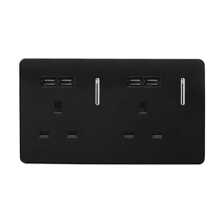 Screwless double 13A socket in piano black with four USB-A ports, chrome inserts, neon rocker switches, on a plain white background.
