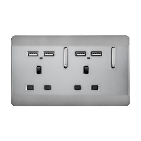 Double 2 gang 13A switched socket in brushed steel with screwless flat plate, chrome inserts, two rocker switches, four USB-A ports, and neon indicators on a white background.