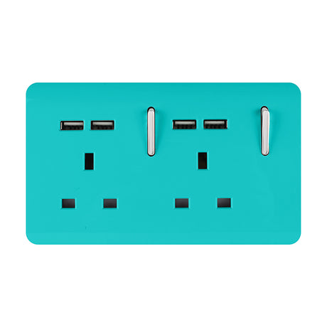 2 Gang Double 13A USB-A socket in bright teal with chrome inserts, two switched sockets with rocker switches and four USB-A charging ports, on a white background.