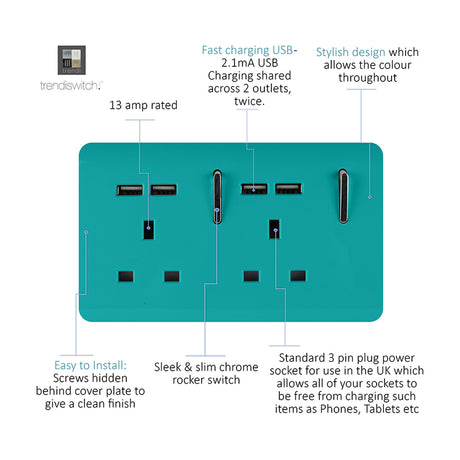 2 Gang Double 13A USB-A socket in bright teal with chrome inserts, two rocker switches, four USB-A charging ports and screwless plate, shown with labelled features on white background.