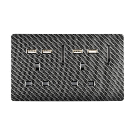 Double 13A switched socket in carbon fibre finish with four USB-A charging ports, screwless plate, chrome rocker switches and neon indicators, shown on a white background.