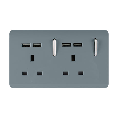 Cool grey 2 gang 13A double socket with screwless plate, chrome rocker switches, and four USB-A charging ports, shown on a plain white background.