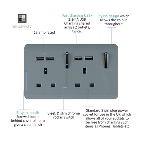 Cool grey 2 gang 13A double socket with chrome rocker switches, four USB-A charging ports, and a screwless plate, shown with feature labels on a white background.