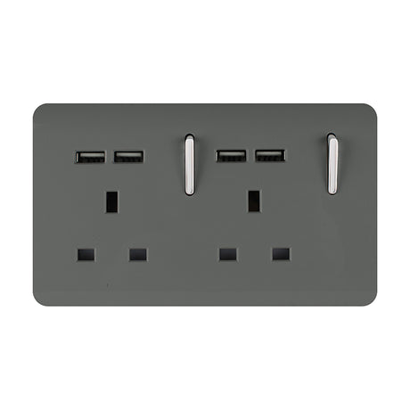 2 Gang Double 13A USB-A socket in charcoal with a screwless plate, chrome switch rockers, and four USB-A charging ports, shown on a white background.