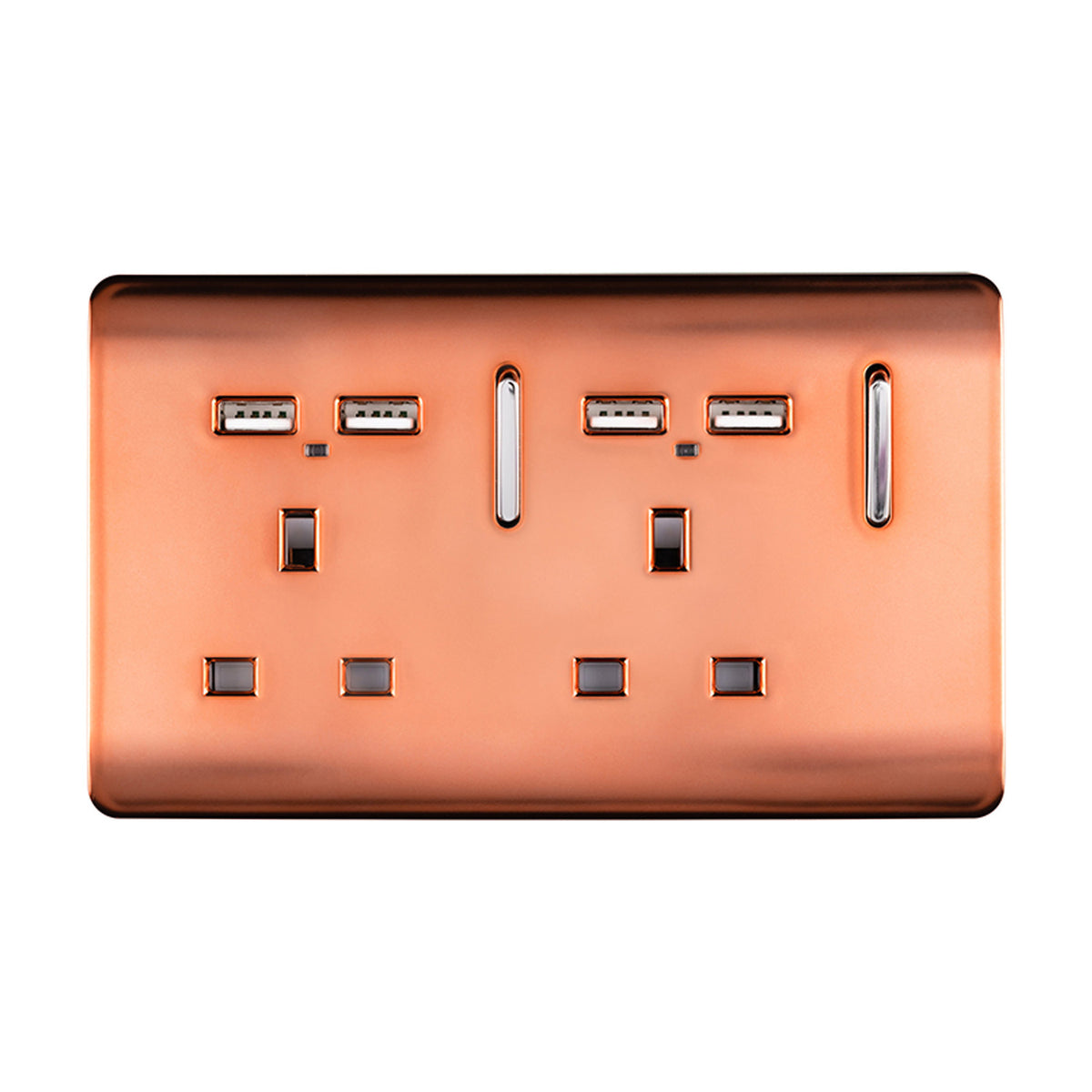 Copper double 13A switched socket with screwless plate, chrome switch inserts, neon indicators, and four USB-A charging ports, shown on a plain white background.