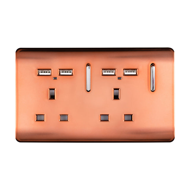 Copper double 13A switched socket with screwless plate, chrome switch inserts, neon indicators, and four USB-A charging ports, shown on a plain white background.